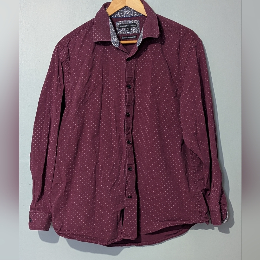 Report Collection Men's XL Slim Fit Burgundy Polka Dot Button Down Long Sleeve